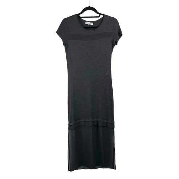 Sandro Black 100% Linen Short Sleeve Mesh Inset Side Slit Midi Dress XS/Small - Picture 1 of 14